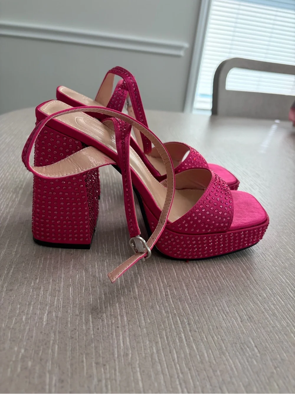 Rhinestone Satin Platform Sandals in Fuchsia Pink
